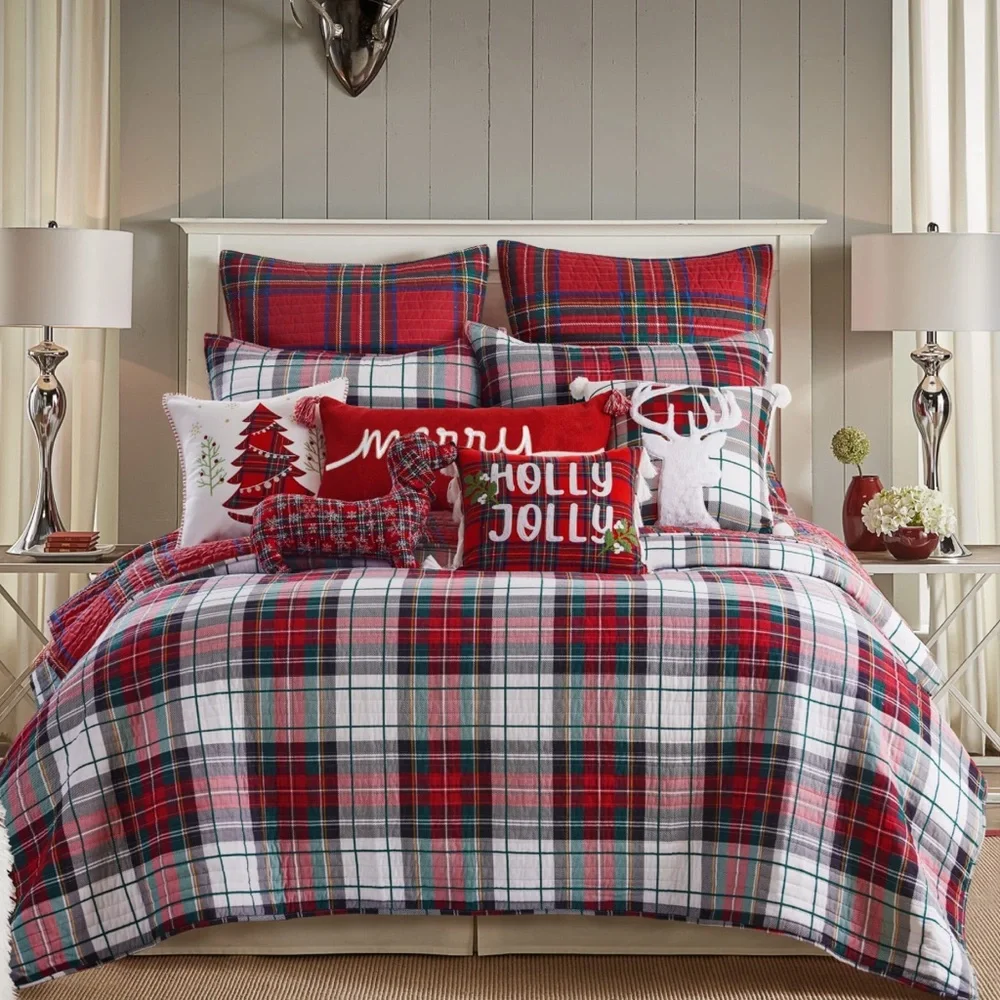 🆕 PB Style Christmas Tartan Plaid Quilt Stewart Print in King Bedding SET shams